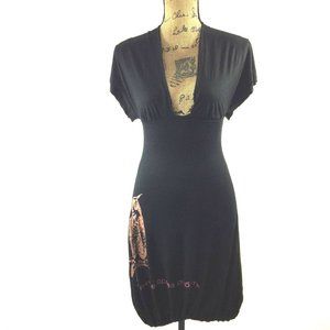 Fjord Dress XS Black Tee Shirt V Neck Empire Pink Owl Russian Proverb Unique